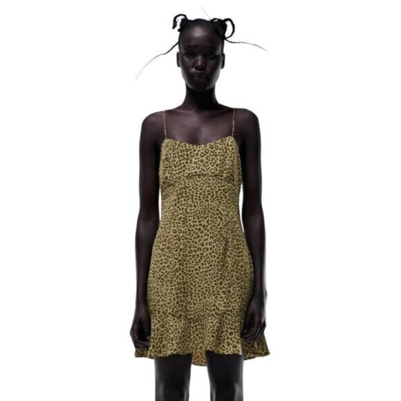 ZARA Leopard Print Olive Green Mini‎ Slip Dress Size Small - Picture 1 of 8